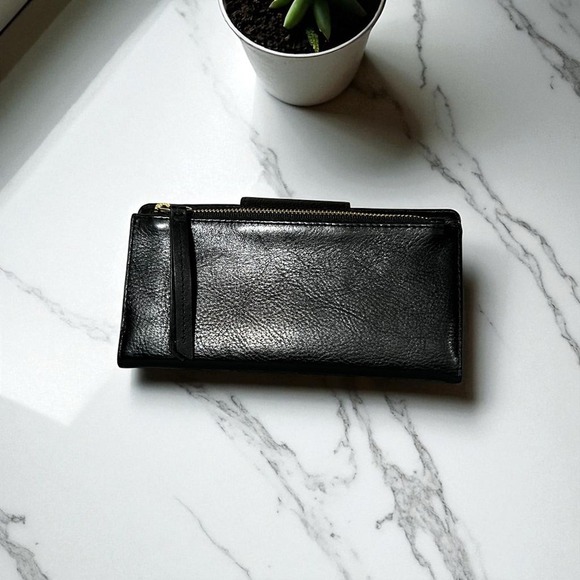 Fossil Black Leather Clutch Wallet Wristlet Zip Around Coin Purse Women - Picture 7 of 10